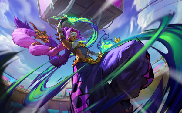 An HD wallpaper featuring Nilah from League of Legends, showcasing dynamic action with vibrant colors and a dramatic pose against an energetic background.