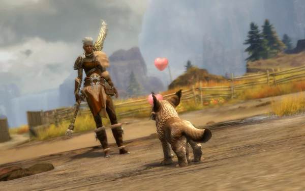 A warrior stands in the Janthir Wilds of Guild Wars 2, gazing down at a playful creature, with mountains and a heart-shaped balloon in the background, creating a vibrant HD desktop wallpaper.