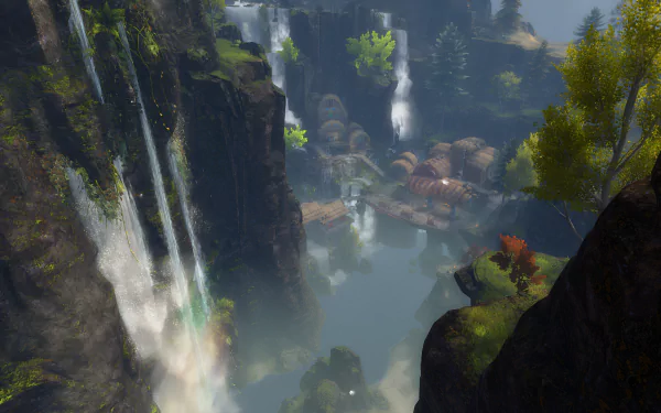 HD desktop wallpaper featuring the lush landscapes of Janthir Wilds from the video game Guild Wars 2, showcasing vibrant colors and a captivating fantasy environment.