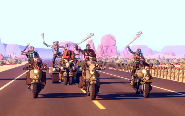 A vibrant HD desktop wallpaper from the video game Dustborn, featuring a group of characters riding motorcycles along a desert highway, exuding adventure and camaraderie.