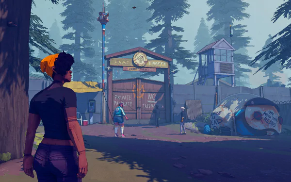 A character stands in a misty, forested landscape from the video game Dustborn, gazing towards a wooden gate with a clock and scattered characters, creating a vibrant HD desktop wallpaper.