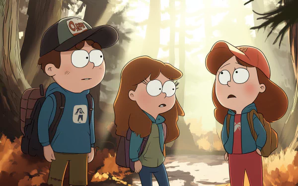 A vibrant HD wallpaper featuring Mabel and Dipper Pines from the animated TV show Gravity Falls, showcasing their adventurous spirit in a whimsical background.