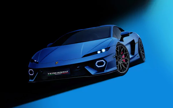 A sleek blue Lamborghini Temerario displayed against a dynamic backdrop, showcasing its modern design and striking features in stunning 4K Ultra HD resolution.