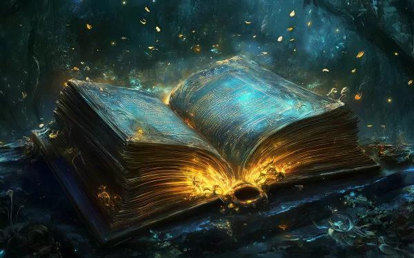 A mystical open spellbook glows with golden light, surrounded by floating leaves in a dreamy forest setting, creating a captivating fantasy scene for HD wallpaper.