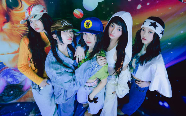 HD desktop wallpaper featuring NewJeans, showcasing their vibrant music aesthetic. A dynamic background for fans of the group and music enthusiasts.