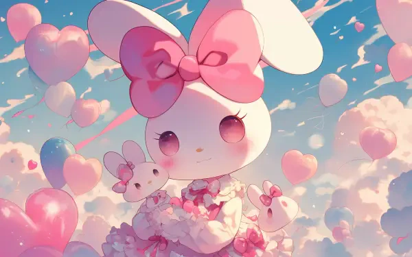 A vibrant HD wallpaper featuring My Melody from Onegai My Melody, showcasing her cute, bunny-like figure surrounded by pink hearts and fluffy clouds in a cheerful sky.