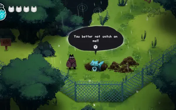 A vibrant HD desktop wallpaper featuring a scene from the video game Crypt Custodian, showcasing a character in a lush, green environment with a playful dialogue bubble.