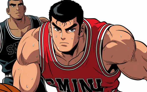 Anime-inspired HD desktop wallpaper featuring Takenori Akagi from Slam Dunk, showcasing his intense determination and athleticism on the basketball court.