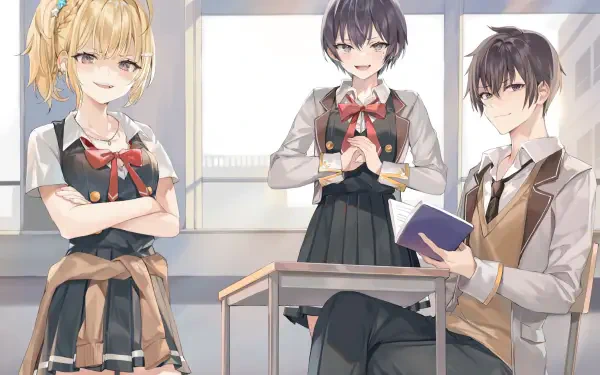 HD anime desktop wallpaper featuring Alya Sometimes Hides Her Feelings characters Nonoa Miyamae, Masachika Kuze, and Chisaki Sarashina in a classroom setting.