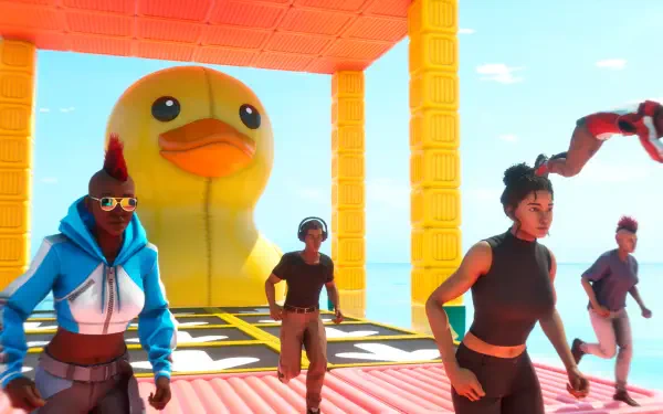 A vibrant HD desktop wallpaper featuring characters from a video game racing toward a giant inflatable duck, showcasing dynamic movement and a colorful backdrop.