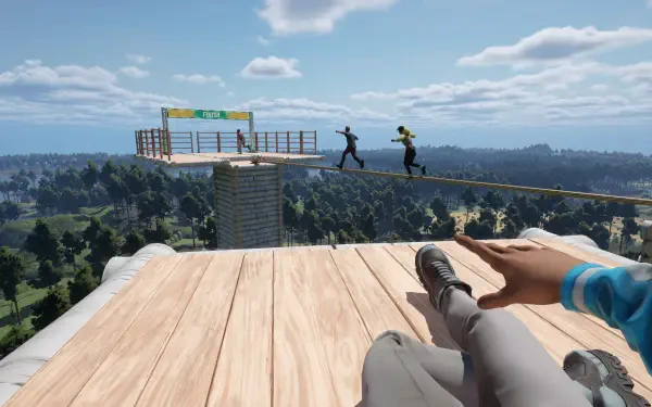 A dynamic HD desktop wallpaper showcasing a vibrant video game scene where characters execute super moves on a tightrope high above a lush landscape under a bright sky.