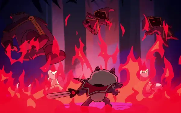 A dynamic HD desktop wallpaper featuring characters from the video game Cult of the Lamb, showcasing a character wielding a sword amid fiery backgrounds and shadowy figures.