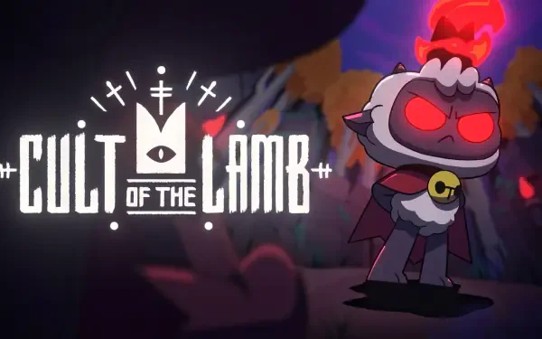 HD PC desktop wallpaper featuring the dark, stylized character from the video game Cult of the Lamb with glowing red eyes and a fiery aura.