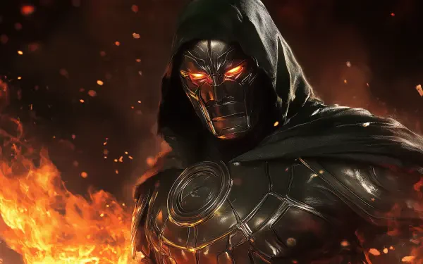 A striking HD desktop wallpaper featuring Doctor Doom, surrounded by flames, showcasing his metallic armor and glowing orange eyes, emblematic of his formidable presence.