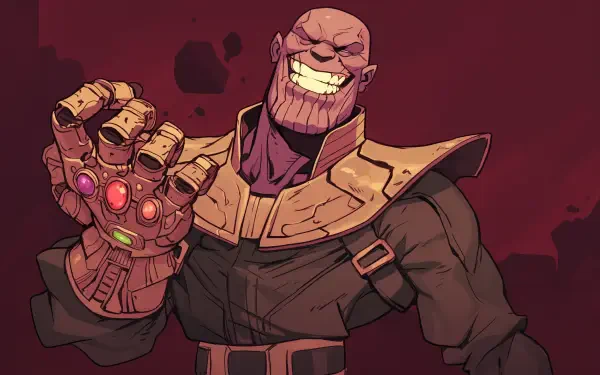 A dynamic comic-style illustration of Thanos, featuring his iconic Infinity Gauntlet. This HD desktop wallpaper showcases the character's menacing grin against a bold background.