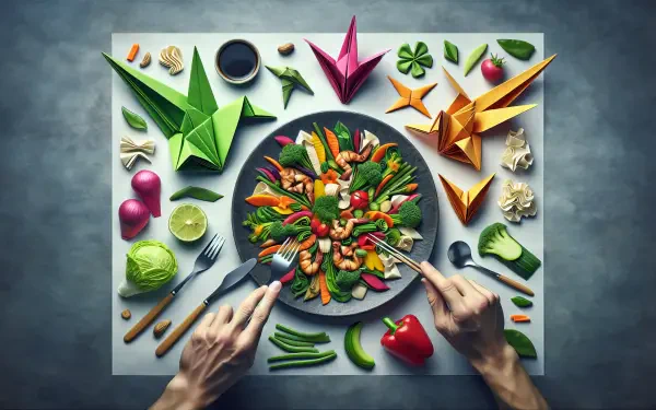 A vibrant stir-fry spreads across a dark plate, surrounded by colorful vegetables and origami creations, creating a stunning HD desktop wallpaper and background.
