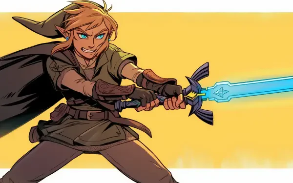 A stunning HD desktop wallpaper featuring Link from The Legend of Zelda, prominently displaying the iconic Master Sword against a captivating background.