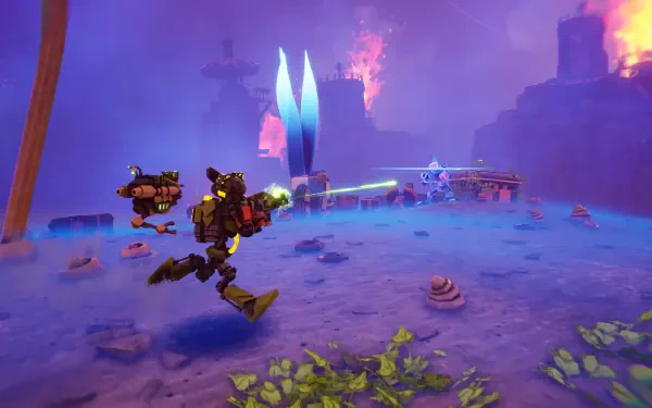 A vibrant HD desktop wallpaper showcasing a character from the video game Akimbot, featuring a dynamic action scene with futuristic elements and vivid colors.