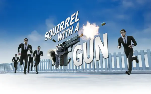 A dynamic HD wallpaper featuring a squirrel wielding a gun, surrounded by characters in suits, set against a bright sky and white fence, representing the game Squirrel with a Gun.