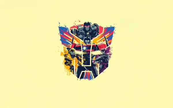 4K Ultra HD PC desktop wallpaper featuring a vibrant, stylized Transformers One emblem with key characters integrated into the design on a pale yellow background.