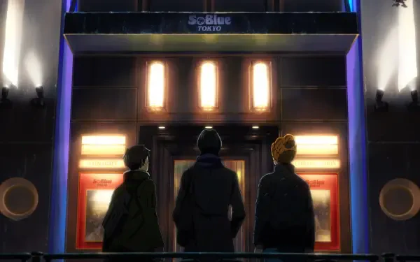 A vibrant HD wallpaper featuring characters from the anime Blue Giant, standing outside a brightly lit venue in Tokyo, embodying the essence of music and friendship.