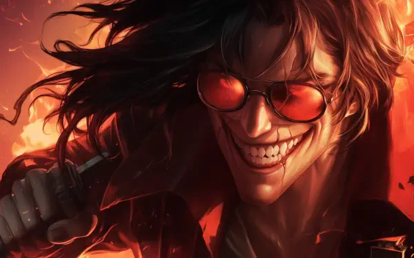 A dynamic HD wallpaper featuring Alucard from Hellsing, showcasing his signature smile and sunglasses against a fiery background.
