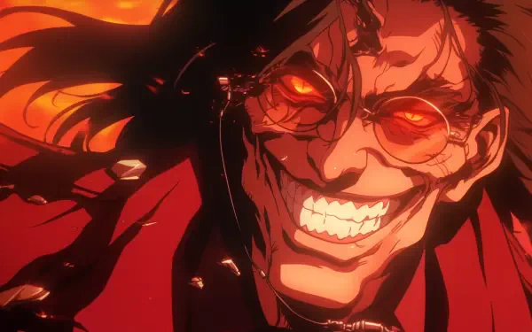 A dramatic HD wallpaper featuring Alucard from Hellsing, his menacing grin and fiery background capturing the essence of this iconic anime character.