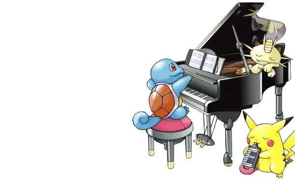 A colorful HD wallpaper featuring Pokémon characters Meowth, Pikachu, and Squirtle playing a piano, capturing a fun and lively scene from the beloved franchise.