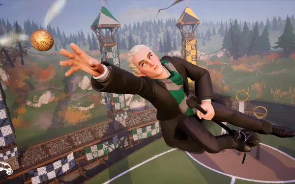 A dynamic HD wallpaper featuring Draco Malfoy from the video game Harry Potter: Quidditch Champions, showcasing the excitement of quidditch in a vibrant gaming setting.