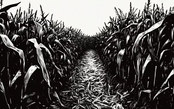 A striking black and white image of a corn maze, designed as an HD desktop wallpaper and background, showcasing intricate pathways amidst towering corn stalks.