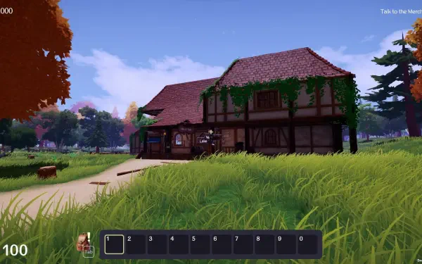 A vibrant HD wallpaper featuring the Ale & Tale Tavern in a picturesque landscape, showcasing a charming rustic building surrounded by lush greenery and a clear blue sky.