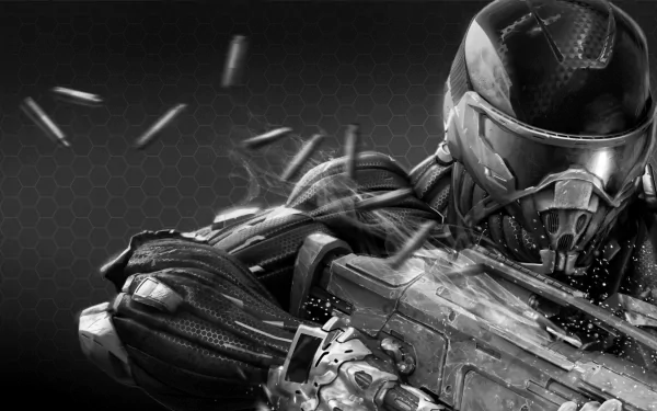 Monochrome HD PC desktop wallpaper of a Crysis 2 soldier in a nanosuit aiming an assault rifle as bullets fly past, with a hexagonal patterned background.