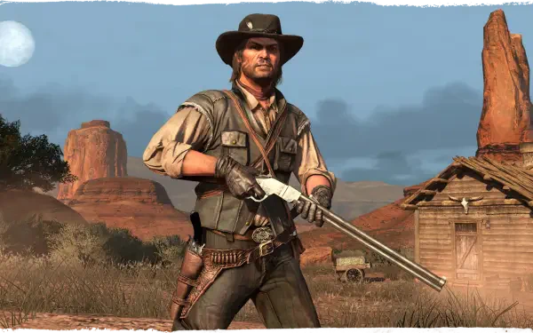 A rugged cowboy stands confidently with a rifle in hand, set against a vast, wild western landscape, capturing the essence of Red Dead Redemption in this HD PC wallpaper.