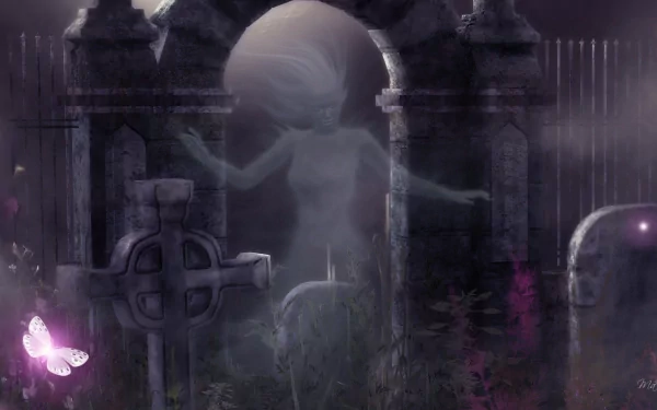HD desktop wallpaper depicting a ghostly figure emerging from an ancient stone archway in a dark, misty graveyard. A glowing butterfly adds a touch of light to the eerie scene.