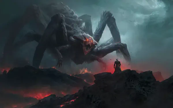 4K Ultra HD PC wallpaper: Morgoth (The Lord of the Rings) as a colossal spider-like dark lord looming over a fiery wasteland, a lone armored figure on a black ridge.