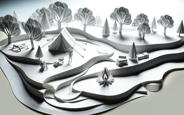 A minimalist paper art depiction of a camping scene, featuring a tent, trees, and a campfire, showcased as a 4K Ultra HD desktop wallpaper and background.