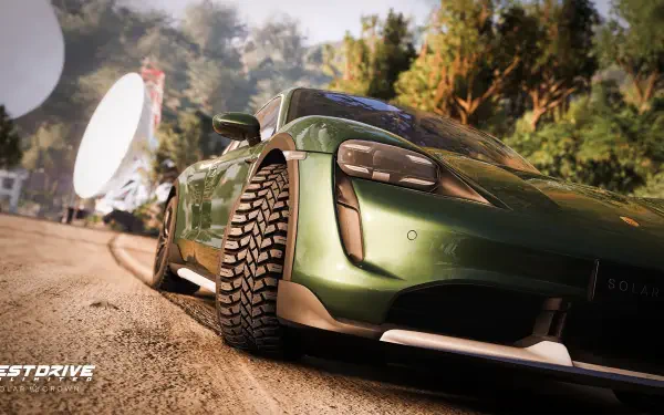 A dynamic HD wallpaper featuring a green sports car from the video game Test Drive Unlimited Solar Crown, set against a lush, natural backdrop.