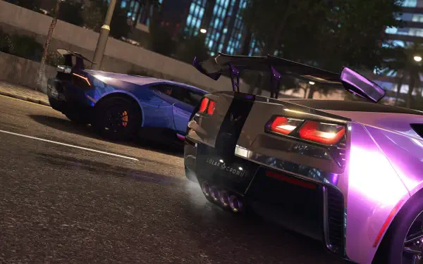 A dynamic HD wallpaper featuring two sleek cars from the game Test Drive Unlimited Solar Crown, showcasing vibrant colors and detailed design against a city backdrop.