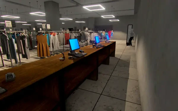 A detailed HD PC desktop wallpaper showcasing a virtual retail environment from the video game Mannequin (2024), featuring clothes racks and computer stations in a modern space.