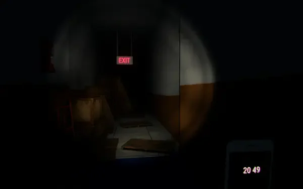 A dark, atmospheric scene from the video game Mannequin (2024), featuring a dimly lit hallway with an exit sign, creating a sense of tension and mystery. HD PC desktop wallpaper.