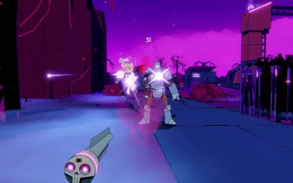 Vibrant scene from the video game Wild Bastards, showcasing intense action in a colorful, futuristic environment. 4K Ultra HD quality enhances the dynamic visuals.