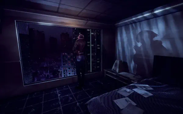 A dark, atmospheric HD PC desktop wallpaper featuring a figure peering out a window at a cityscape, embodying the aesthetic of the video game Hollowbody.