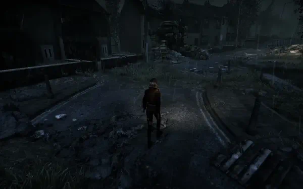 A character walks through a dark, desolate environment in this HD PC desktop wallpaper inspired by the video game Hollowbody, capturing an eerie and immersive atmosphere.