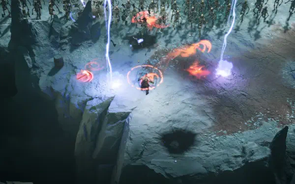 A high-definition wallpaper from the video game Jotunnslayer: Hordes of Hel, featuring dynamic lightning effects and a character amidst an otherworldly landscape.