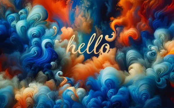 A vibrant 4K Ultra HD desktop wallpaper features swirling clouds in shades of blue and orange, with the word hello artistically integrated into the design.