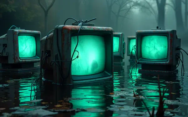 A collection of CRT monitors partially submerged in water, glowing with a vibrant green light, set against a misty forest backdrop. 4K Ultra HD desktop wallpaper and background.