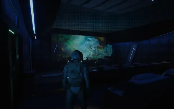 A futuristic astronaut stands in a dimly lit room, facing a vibrant display of digital graphics, embodying the immersive experience of the video game EVOTINCTION.