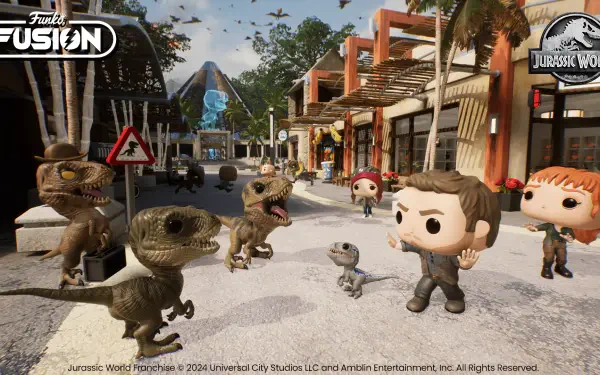 HD desktop wallpaper featuring Funko Fusion characters amidst a lively street scene with dinosaurs, blending the worlds of video games and Jurassic Park.
