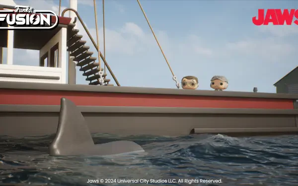 A vibrant HD desktop wallpaper featuring characters from Funko Fusion, showcasing a scene with a shark near a boat, inspired by the classic film Jaws.