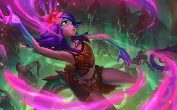 A vibrant 4K Ultra HD desktop wallpaper featuring Neeko from Legends of Runeterra, showcasing her colorful magic and dynamic pose in a mystical environment.